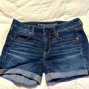 American eagle outfitters midi dark denim shorts, size 4.